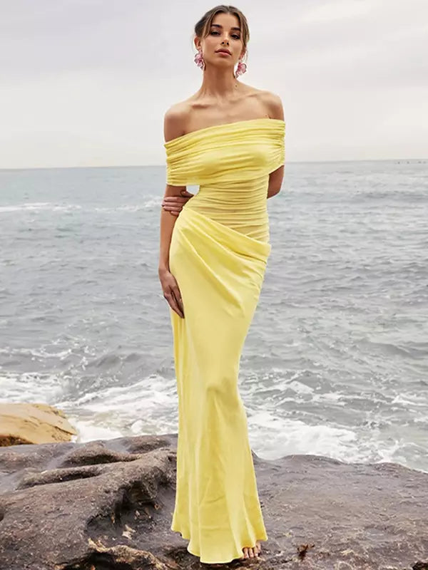 Elegant Off-shoulder Backless Ruched Sleeveless Maxi Dress