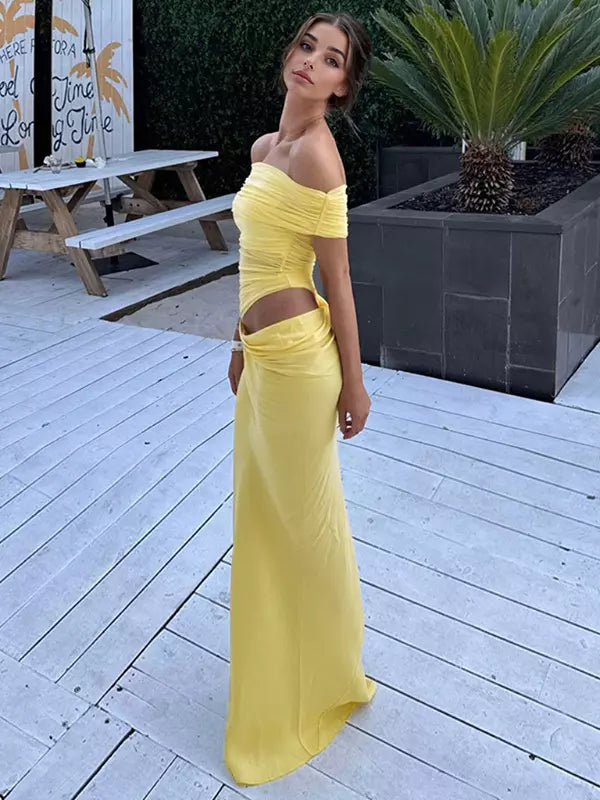 Elegant Off-shoulder Backless Ruched Sleeveless Maxi Dress