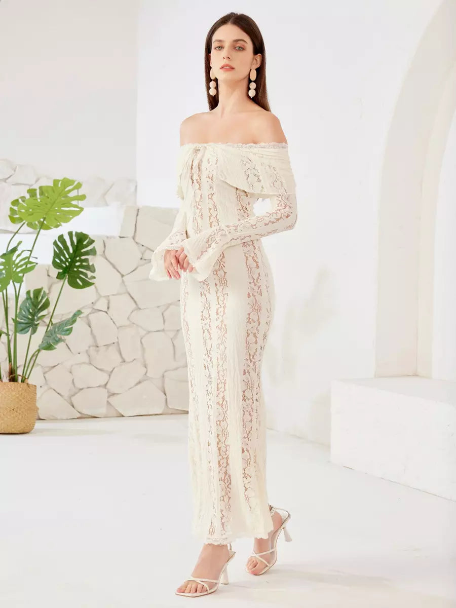 Elegant Off-shoulder Cut-Outs Bell Sleeve Bodycon Maxi Dress