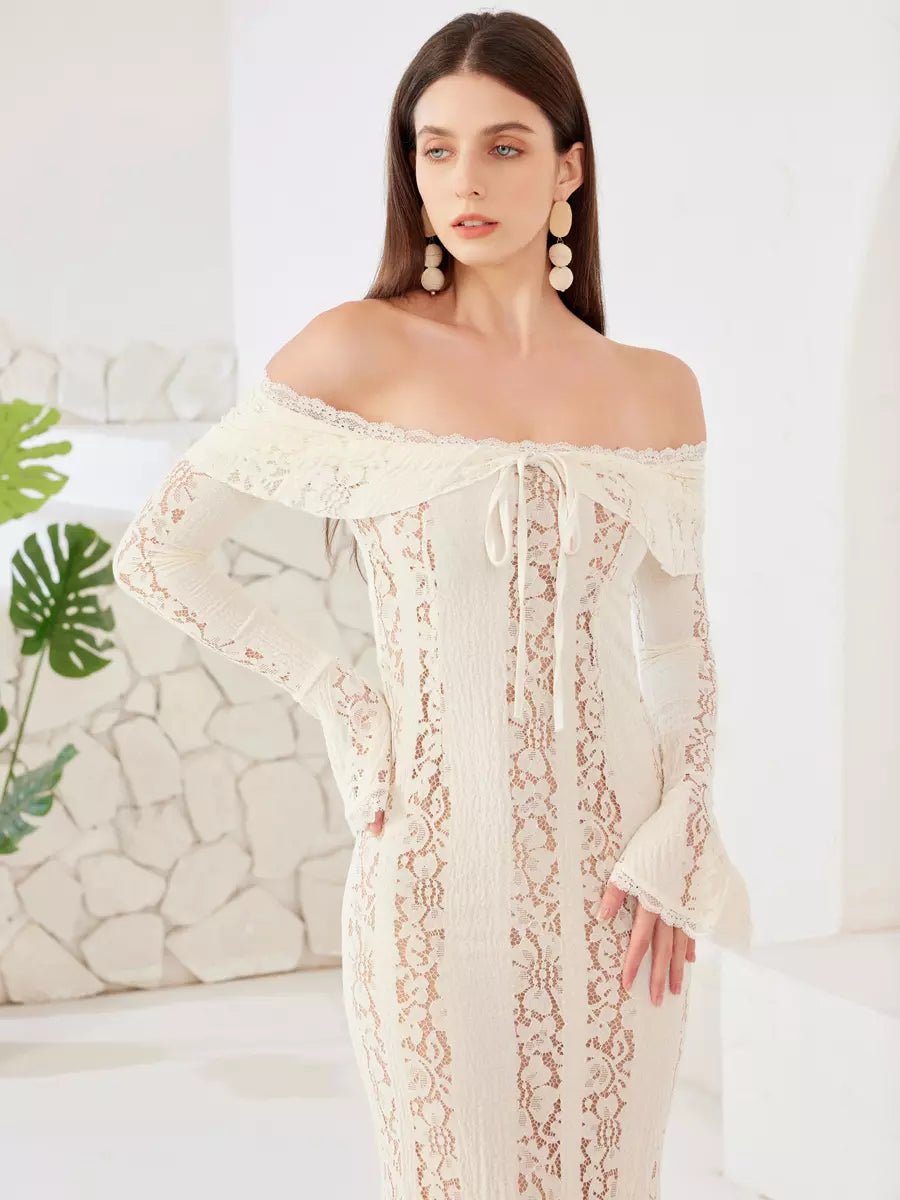 Elegant Off-shoulder Cut-Outs Bell Sleeve Bodycon Maxi Dress