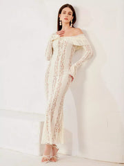 Elegant Off-shoulder Cut-Outs Bell Sleeve Bodycon Maxi Dress