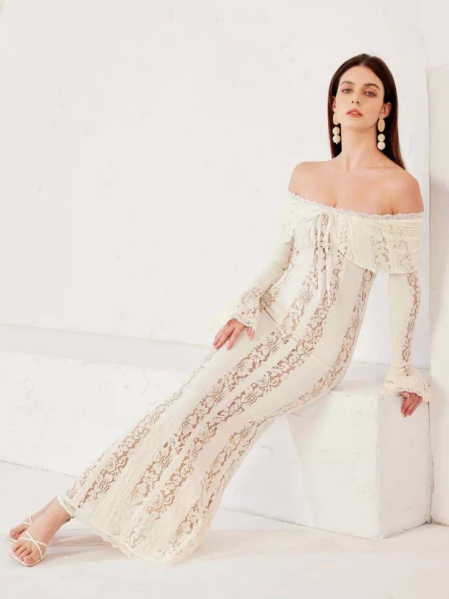 Elegant Off-shoulder Cut-Outs Bell Sleeve Bodycon Maxi Dress