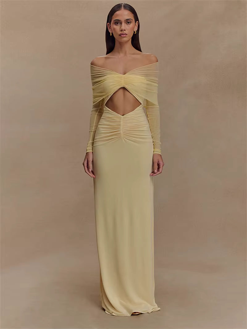 Elegant Off-shoulder Hollow Out Strapless Long Sleeve Ruched Club Party Long Maxi Dress