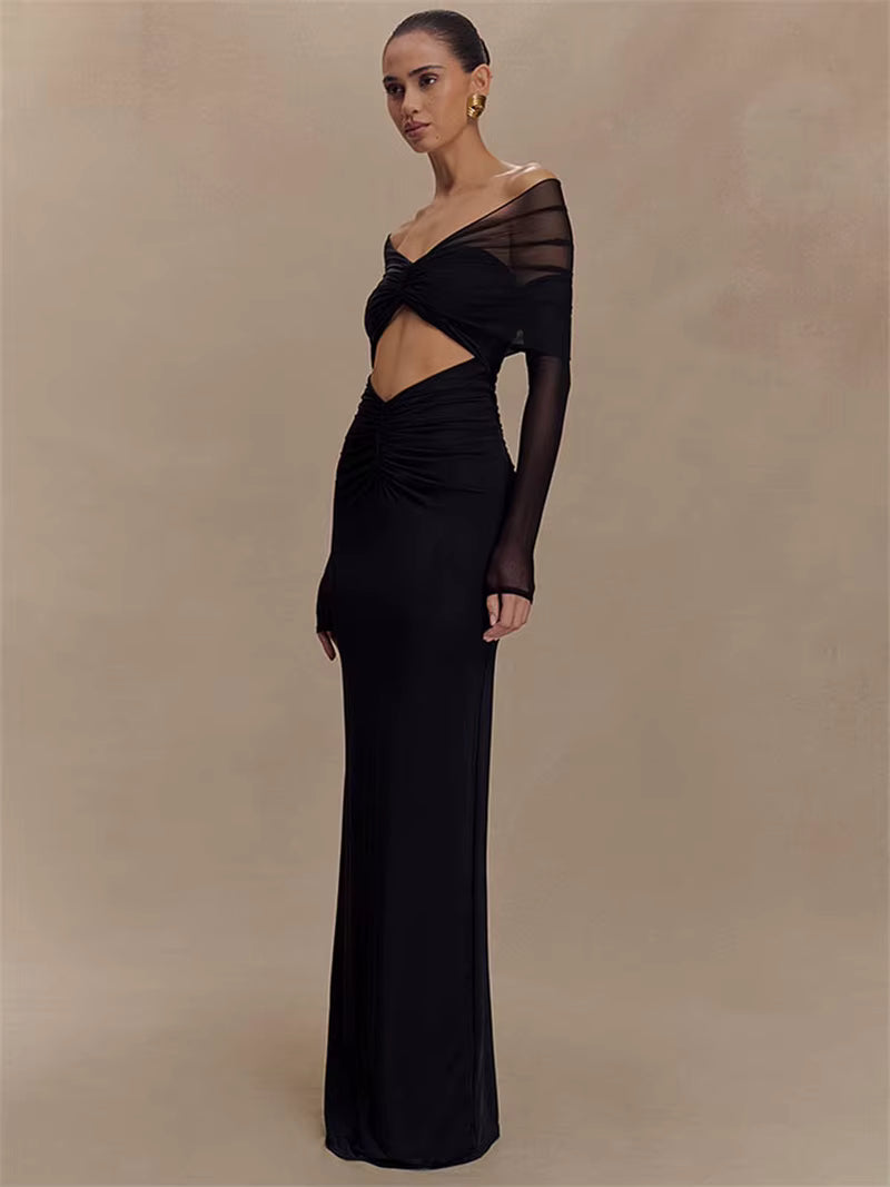 Elegant Off-shoulder Hollow Out Strapless Long Sleeve Ruched Club Party Long Maxi Dress