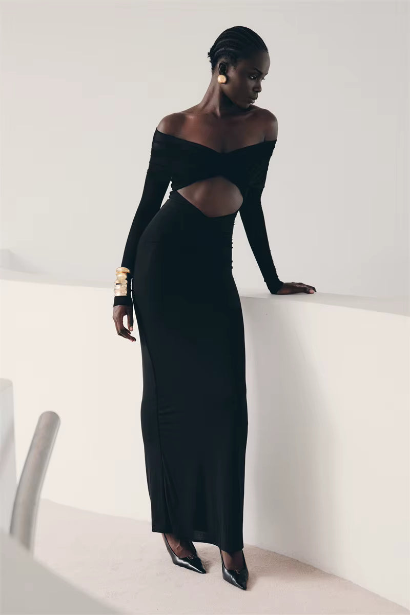 Elegant Off-shoulder Hollow Out Strapless Long Sleeve Ruched Club Party Long Maxi Dress