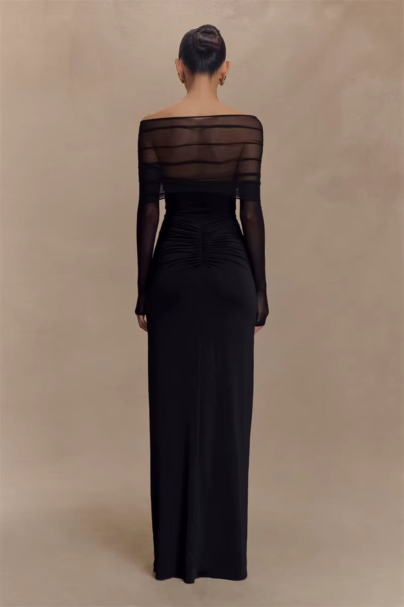 Elegant Off-shoulder Hollow Out Strapless Long Sleeve Ruched Club Party Long Maxi Dress