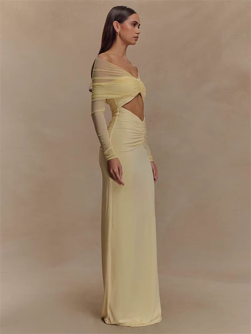 Elegant Off-shoulder Hollow Out Strapless Long Sleeve Ruched Club Party Long Maxi Dress