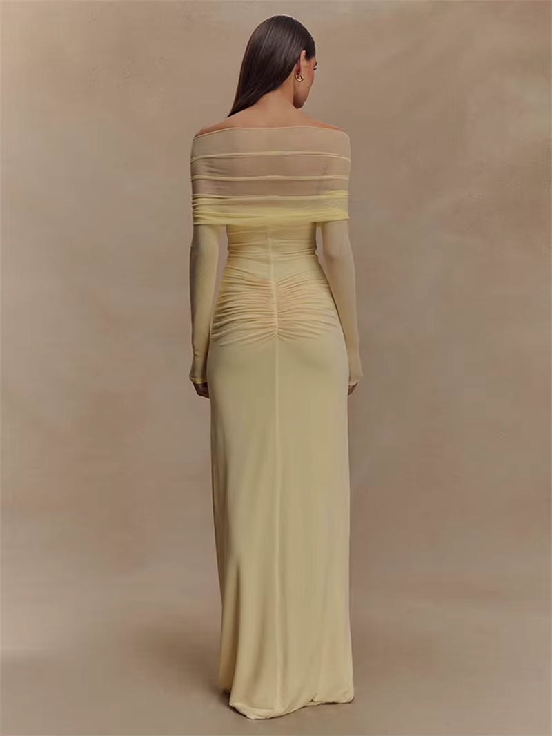 Elegant Off-shoulder Hollow Out Strapless Long Sleeve Ruched Club Party Long Maxi Dress