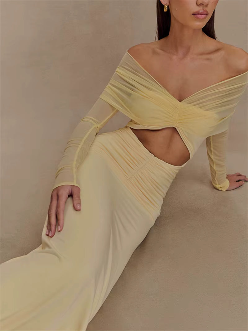 Elegant Off-shoulder Hollow Out Strapless Long Sleeve Ruched Club Party Long Maxi Dress