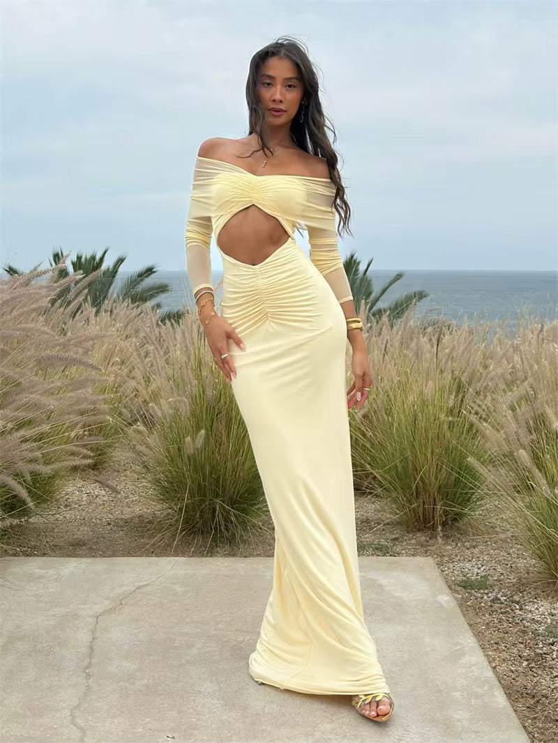 Elegant Off-shoulder Hollow Out Strapless Long Sleeve Ruched Club Party Long Maxi Dress