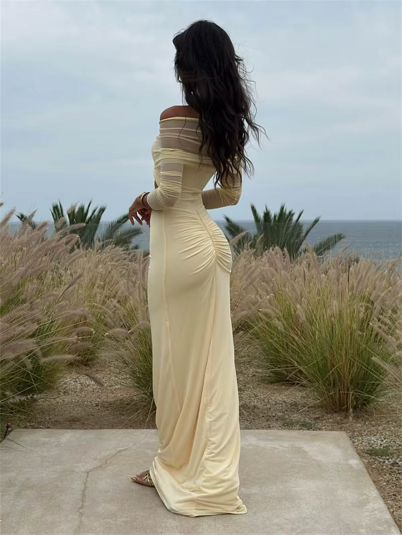 Elegant Off-shoulder Hollow Out Strapless Long Sleeve Ruched Club Party Long Maxi Dress