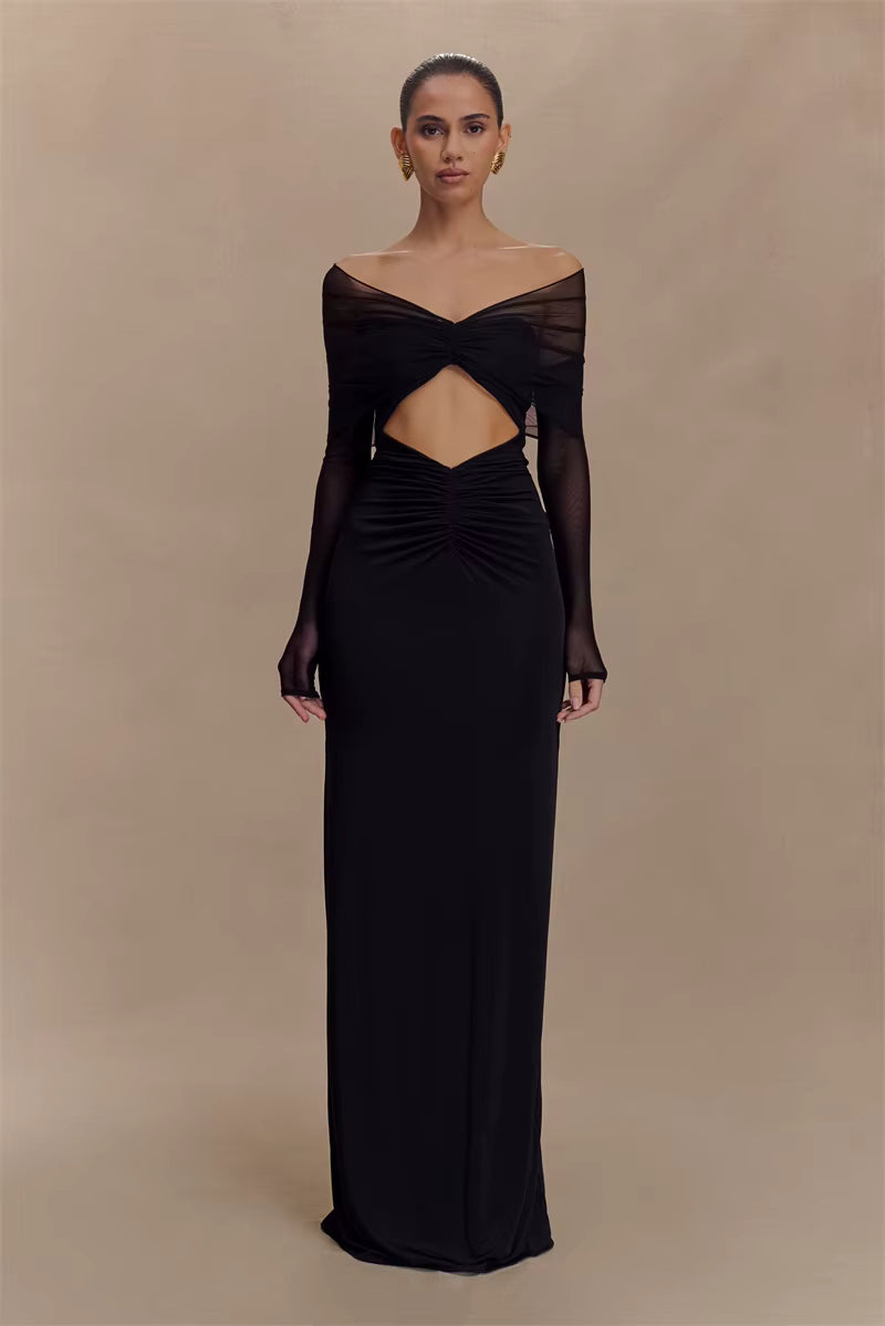 Elegant Off-shoulder Hollow Out Strapless Long Sleeve Ruched Club Party Long Maxi Dress