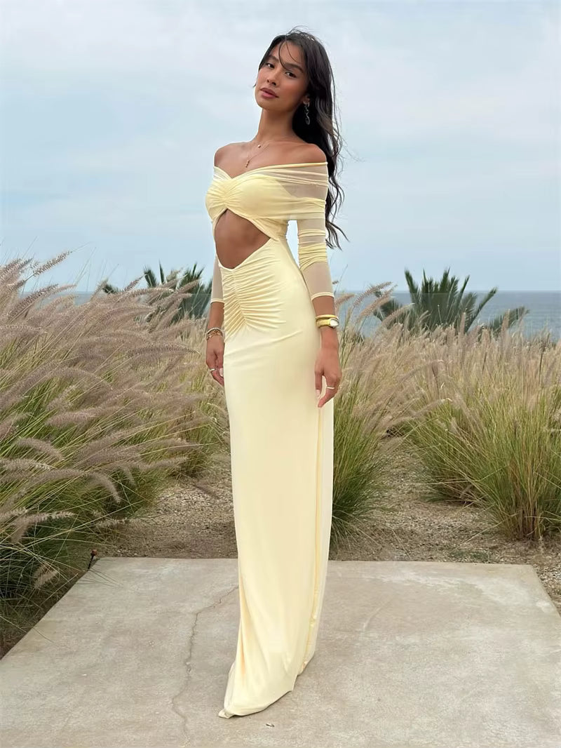 Elegant Off-shoulder Hollow Out Strapless Long Sleeve Ruched Club Party Long Maxi Dress