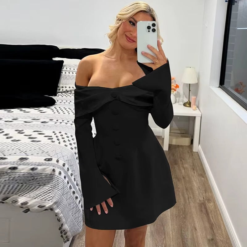 Elegant Off-shoulder Long Flare Sleeve Mini Blazer Dress