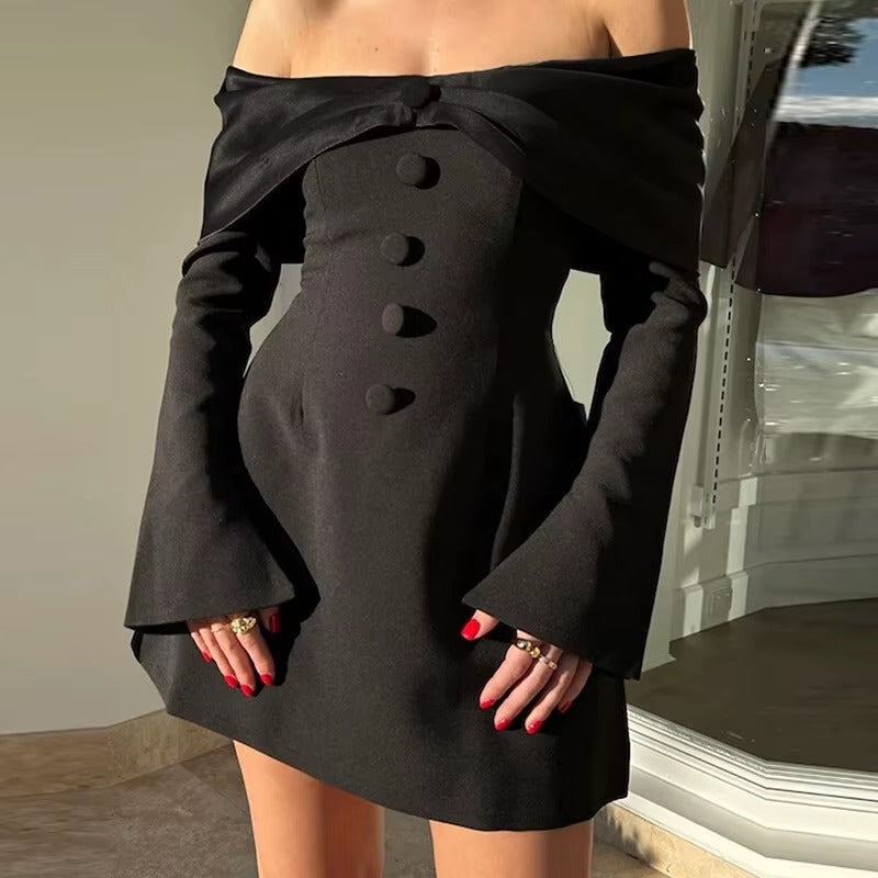Elegant Off-shoulder Long Flare Sleeve Mini Blazer Dress