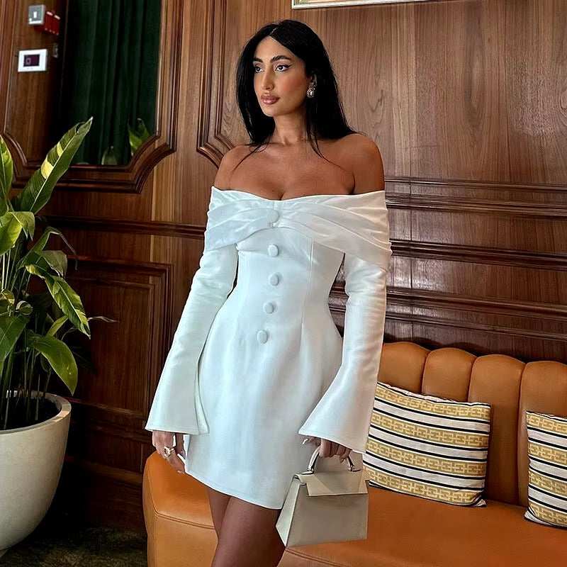 Elegant Off-shoulder Long Flare Sleeve Mini Blazer Dress
