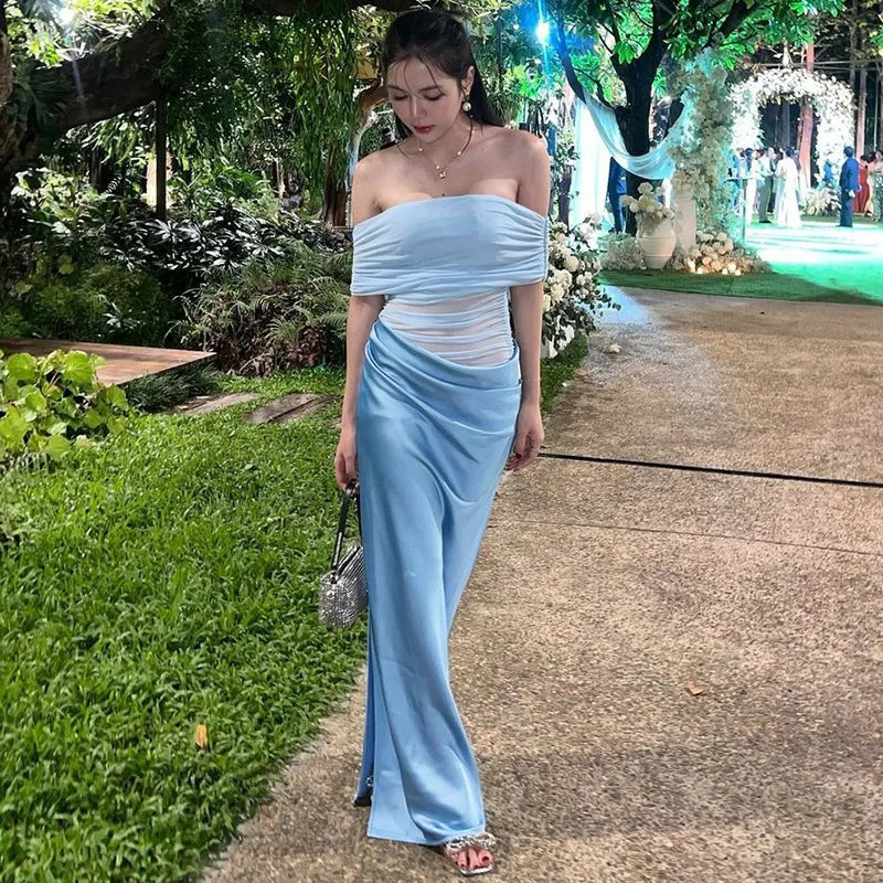 Elegant Off-shoulder Strapless Backless Sleeveless Ruched Club Long Maxi Dress