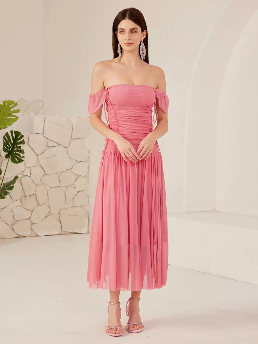 Elegant Off-shoulder Strapless Pleated Sleeveless Midi Dress
