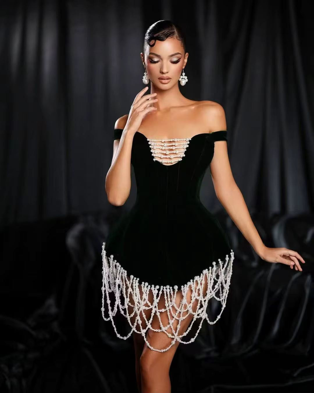 Elegant Off the Shoulder Pear Beading Nightclub Party Bodycon Mini Bandage Dress