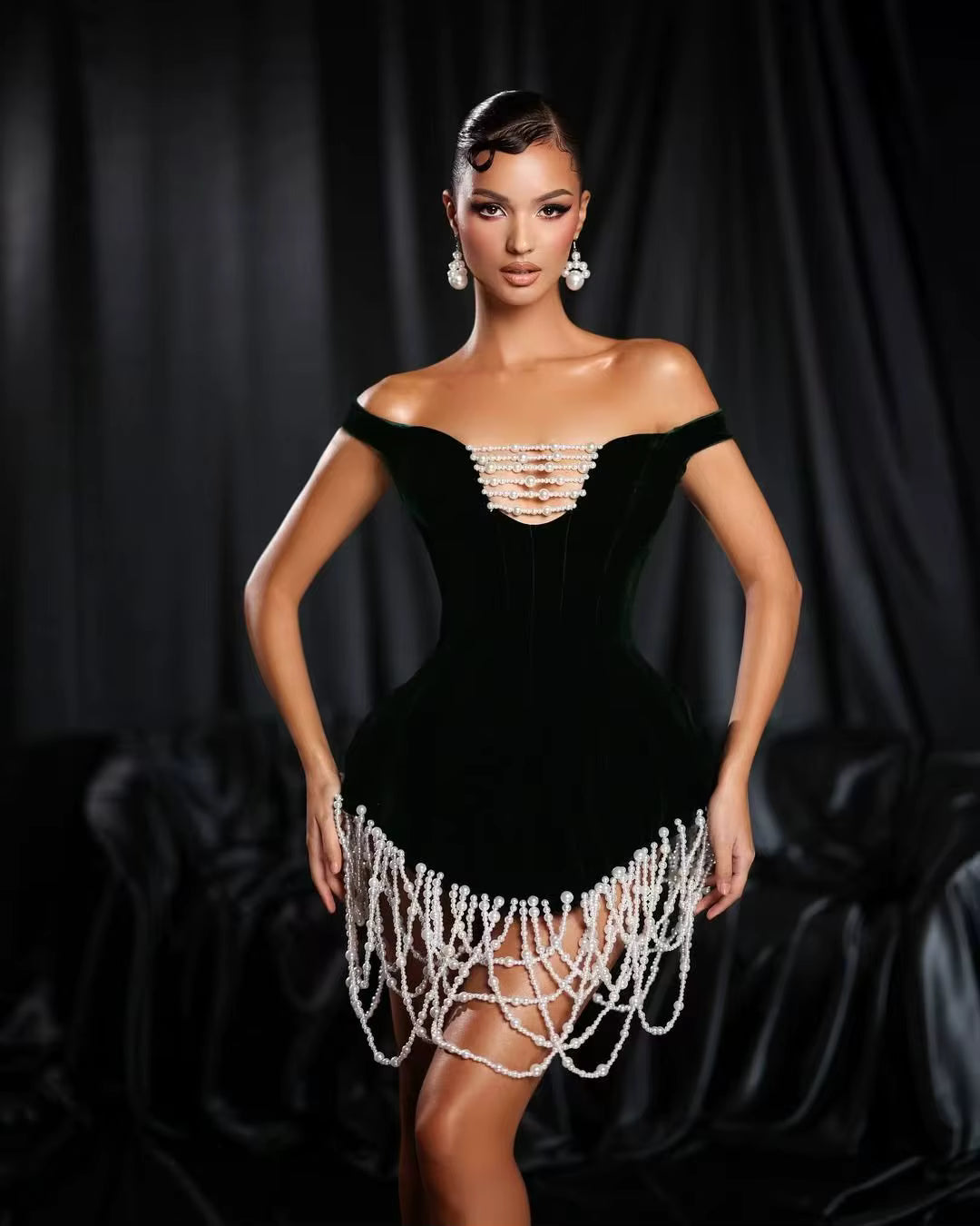 Elegant Off the Shoulder Pear Beading Nightclub Party Bodycon Mini Bandage Dress