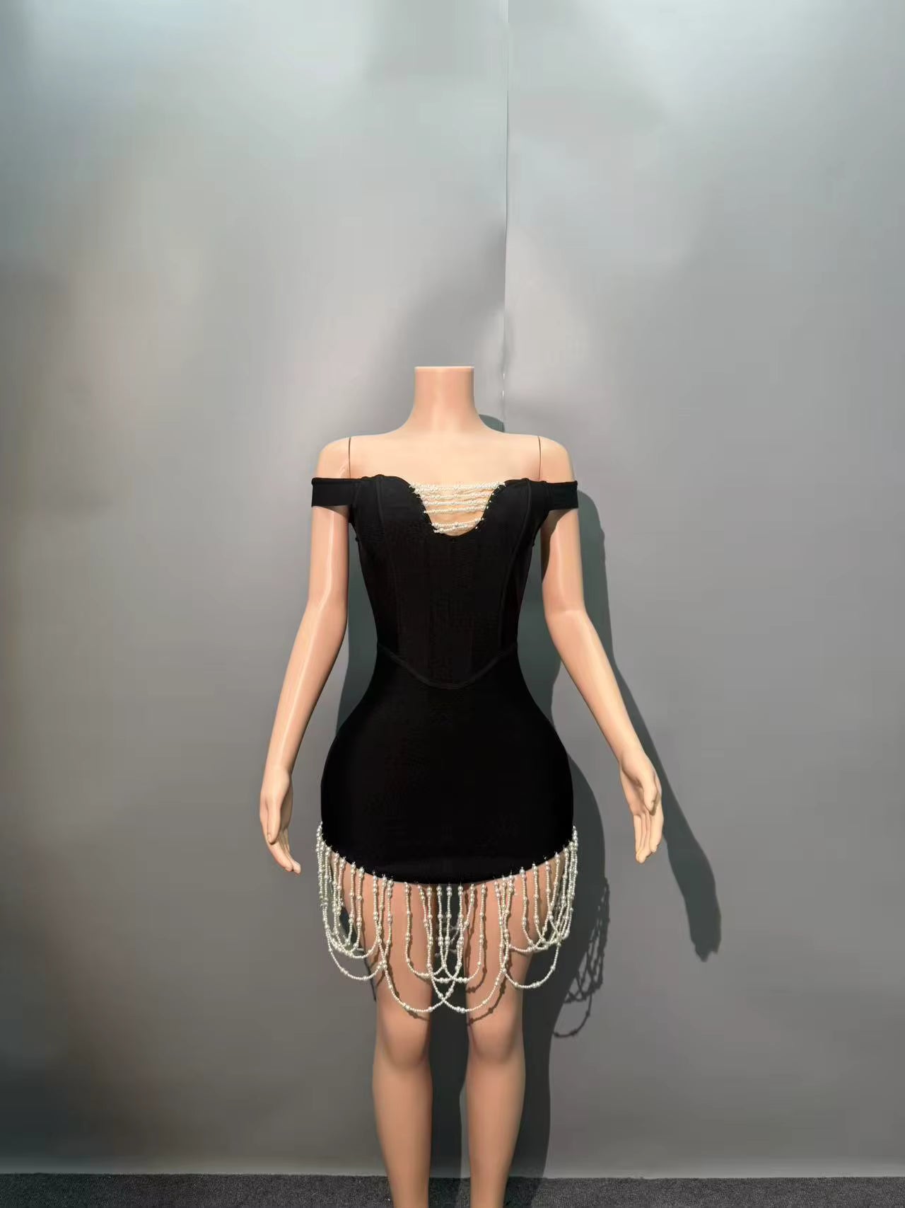 Elegant Off the Shoulder Pear Beading Nightclub Party Bodycon Mini Bandage Dress