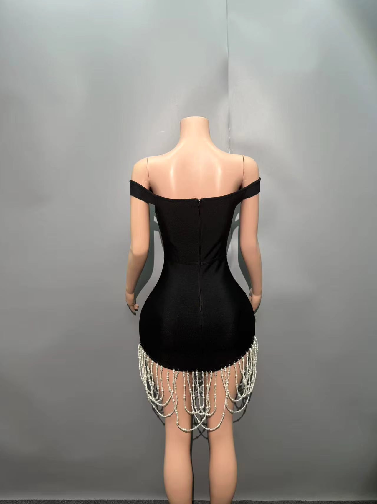 Elegant Off the Shoulder Pear Beading Nightclub Party Bodycon Mini Bandage Dress