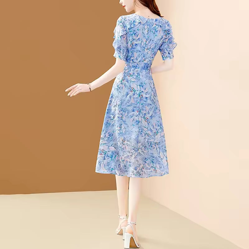 Elegant Office A-line Fairy V-Neck Floral Printing Chiffon Dress