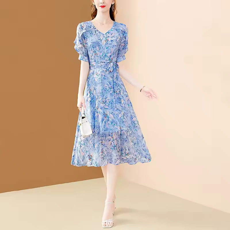 Elegant Office A-line Fairy V-Neck Floral Printing Chiffon Dress