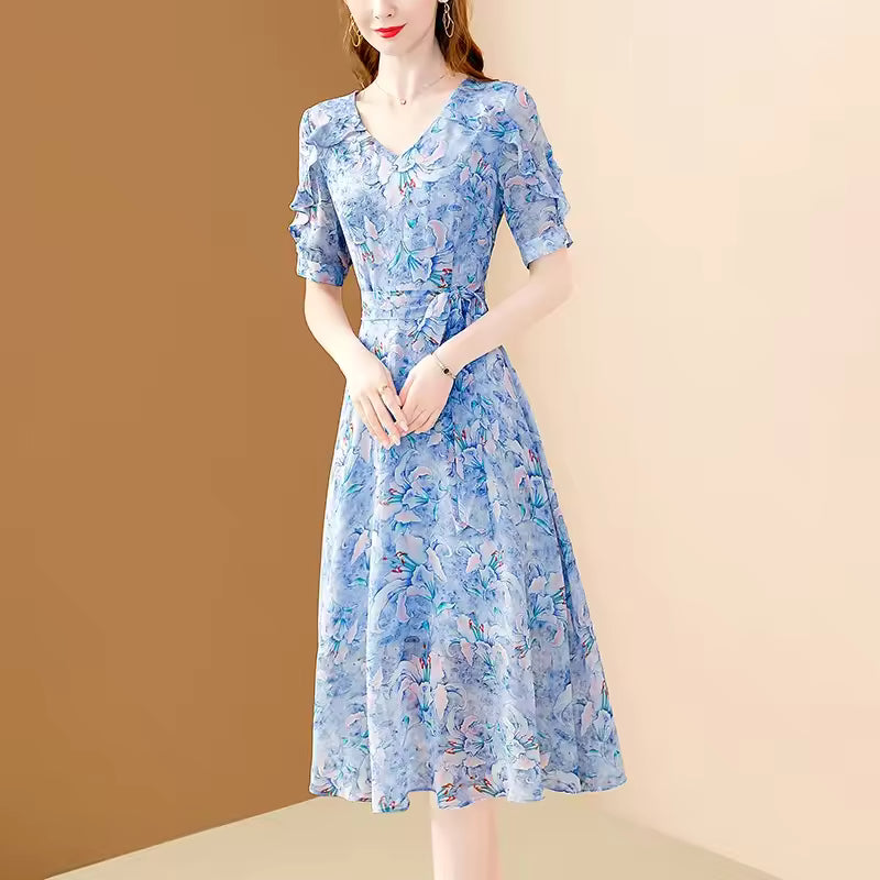Elegant Office A-line Fairy V-Neck Floral Printing Chiffon Dress