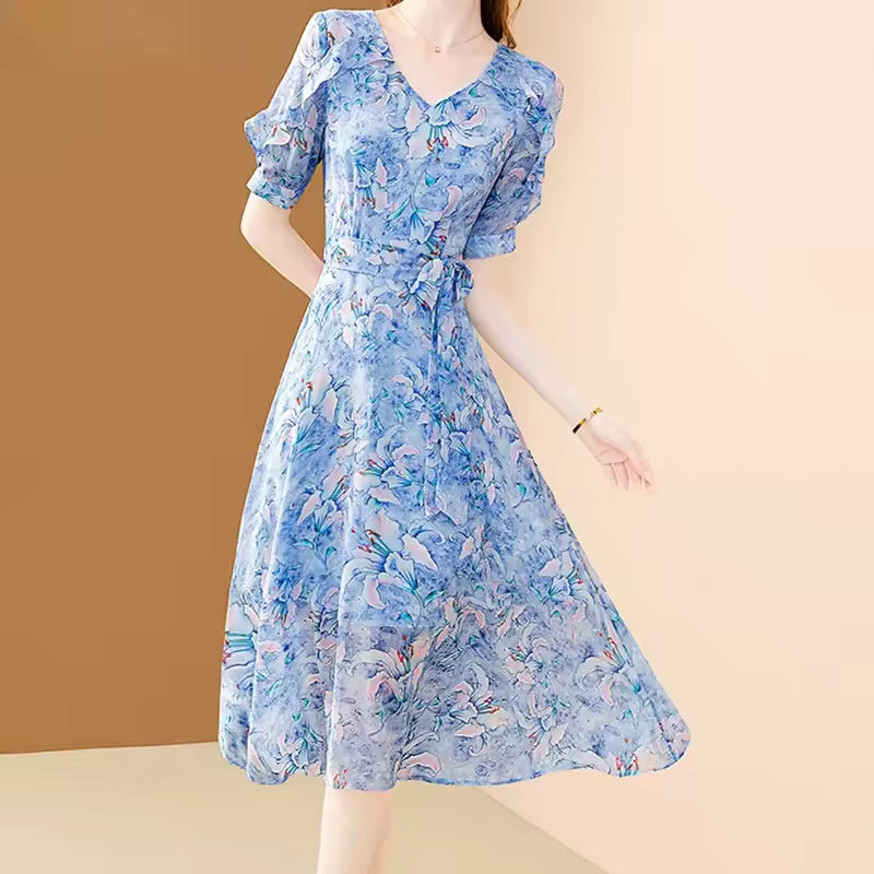 Elegant Office A-line Fairy V-Neck Floral Printing Chiffon Dress