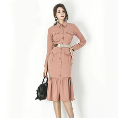 Elegant Turn-down Collar Pockets Office Ladies Bodycon Dress