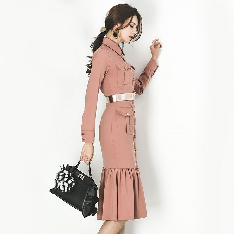 Elegant Turn-down Collar Pockets Office Ladies Bodycon Dress