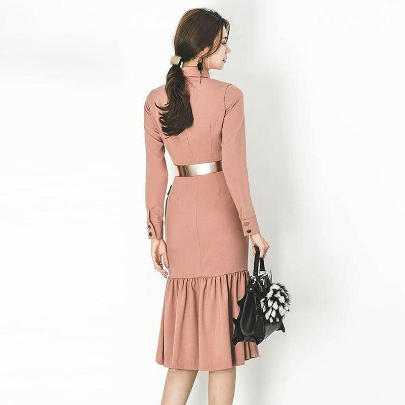 Elegant Turn-down Collar Pockets Office Ladies Bodycon Dress