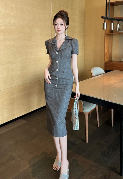 Elegant Office Style Short Sleeve Retro Striped Formal Blazer Midi Dress