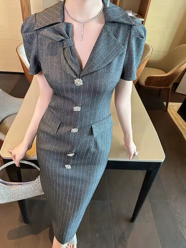 Elegant Office Style Short Sleeve Retro Striped Formal Blazer Midi Dress