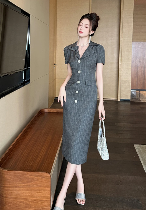 Elegant Office Style Short Sleeve Retro Striped Formal Blazer Midi Dress