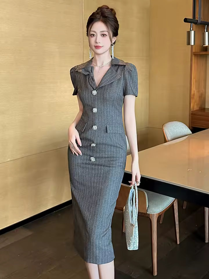 Elegant Office Style Short Sleeve Retro Striped Formal Blazer Midi Dress