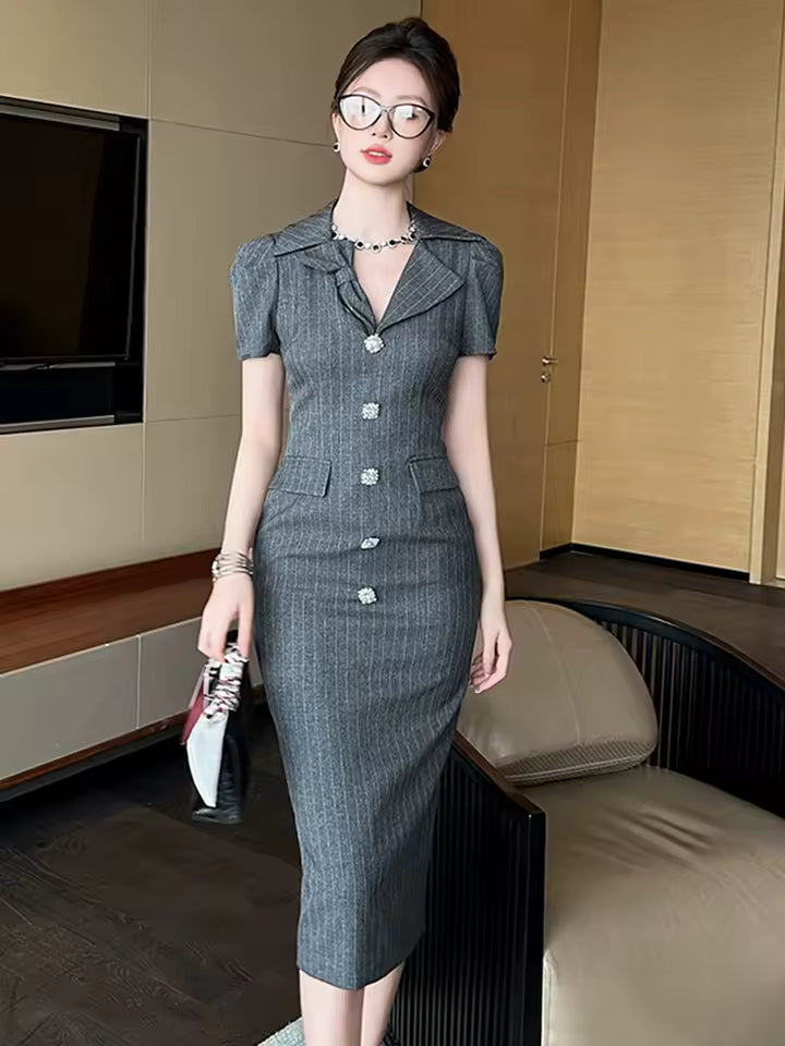 Elegant Office Style Short Sleeve Retro Striped Formal Blazer Midi Dress