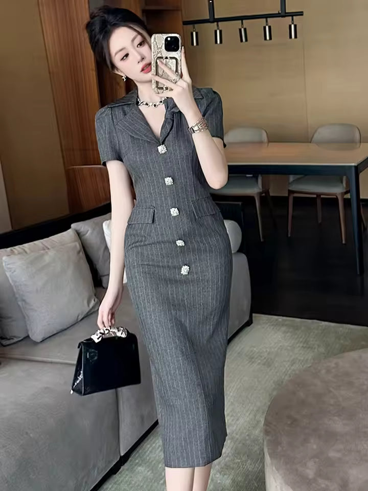 Elegant Office Style Short Sleeve Retro Striped Formal Blazer Midi Dress