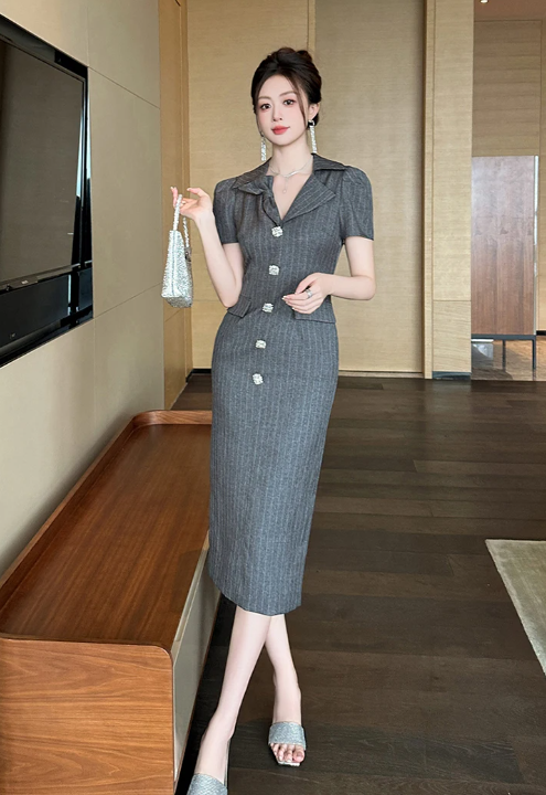 Elegant Office Style Short Sleeve Retro Striped Formal Blazer Midi Dress