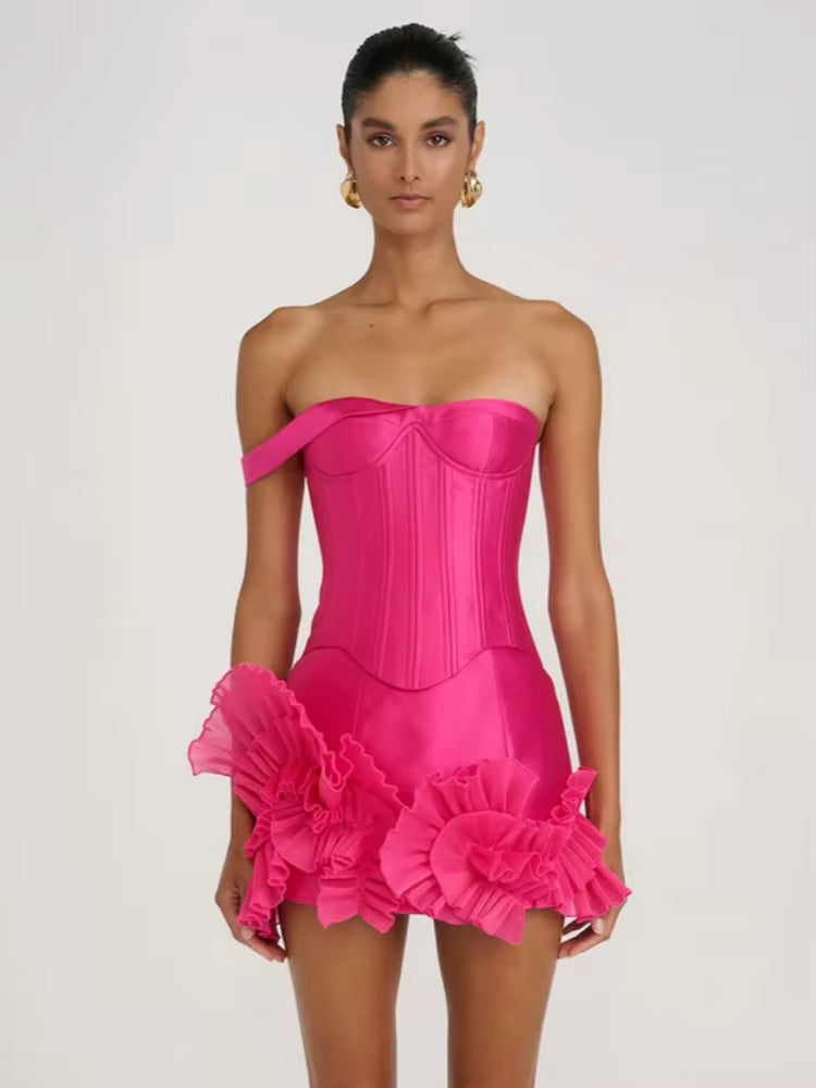 Elegant One Sholuder Ruched Patchwork Ruffles Mini Dress