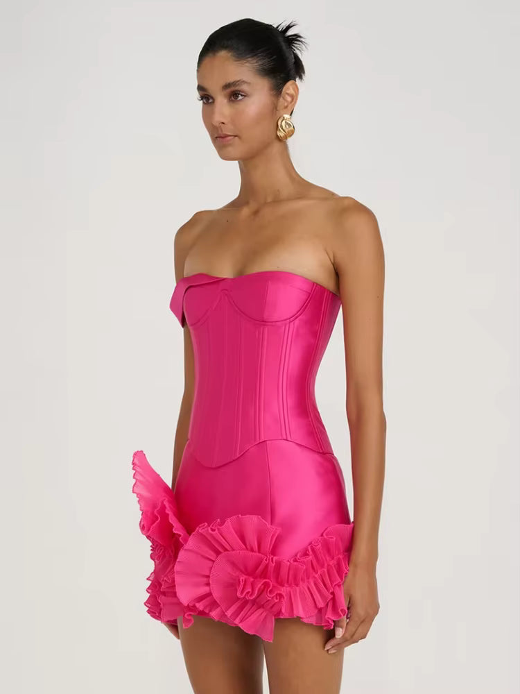 Elegant One Sholuder Ruched Patchwork Ruffles Mini Dress