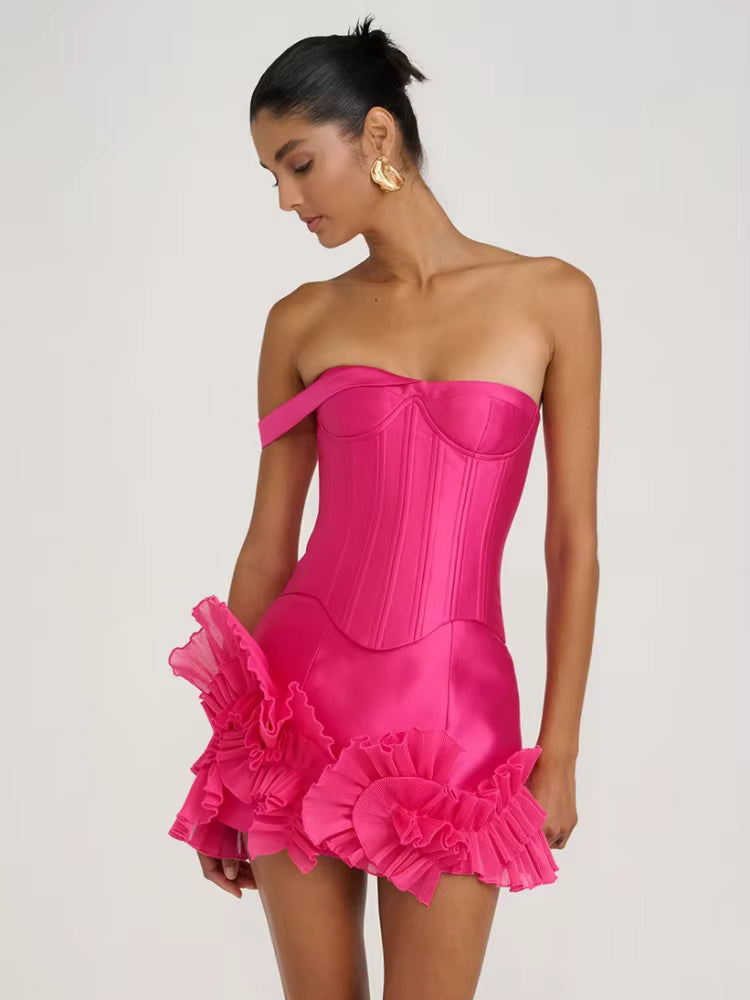 Elegant One Sholuder Ruched Patchwork Ruffles Mini Dress