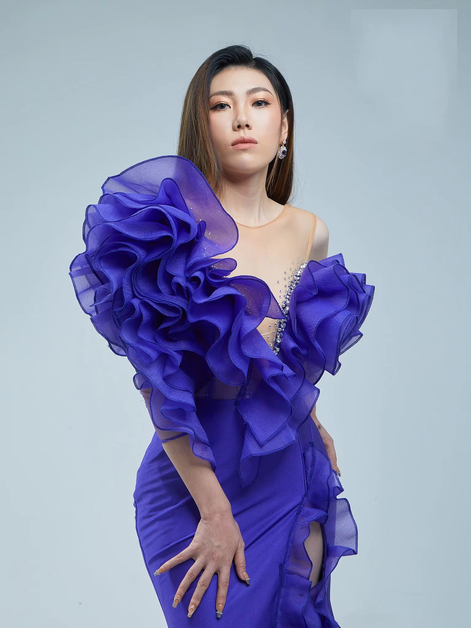 Elegant One Shoulder Asymmetrical Ruched Split Long Evening Party Dress