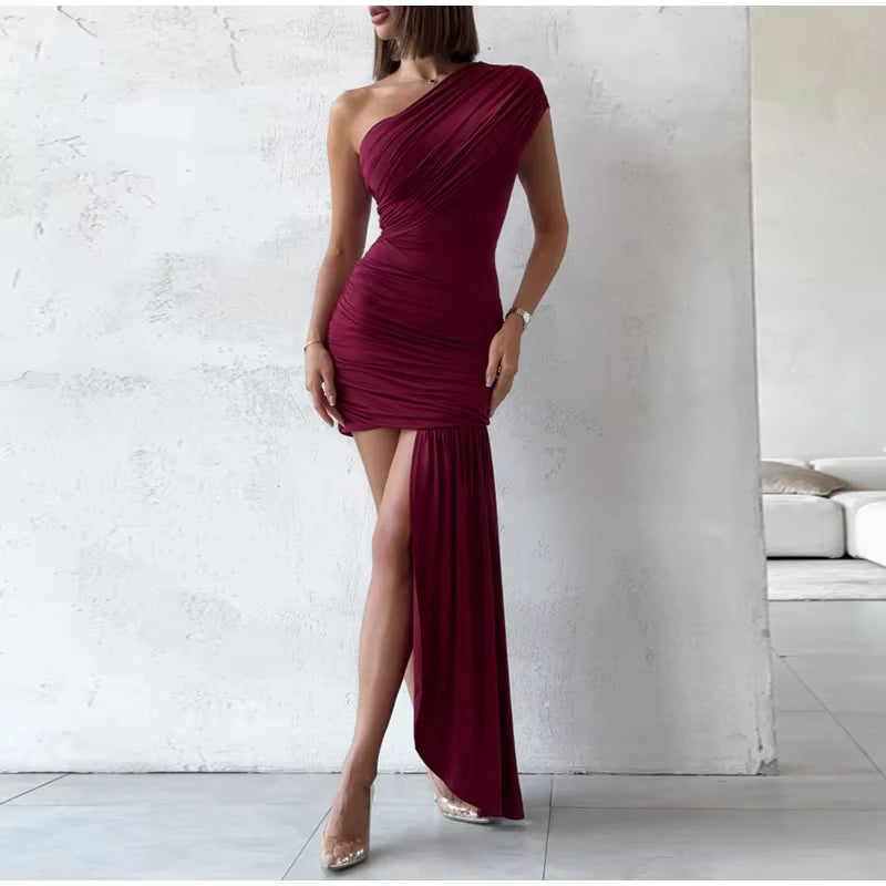 Elegant One Shoulder Backless A-LINE Slash Neck Pleated Beach Party Mini Dress