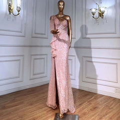 Elegant One Shoulder Beaded Party Evening Dresses