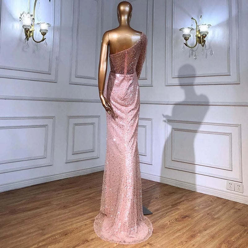 Elegant One Shoulder Beaded Party Evening Dresses