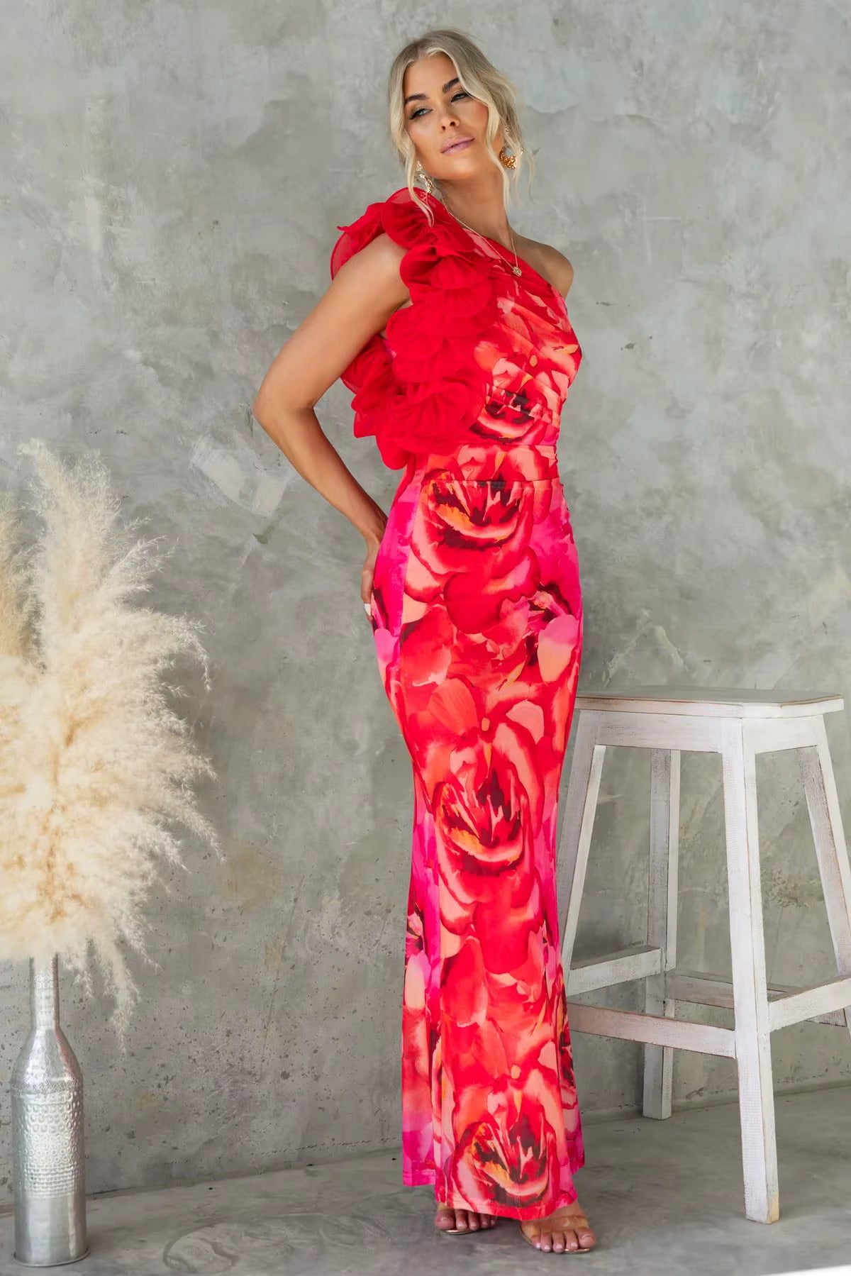 Elegant One-Shoulder Camisole Slant Shoulder Ankle-Length Maxi Dress