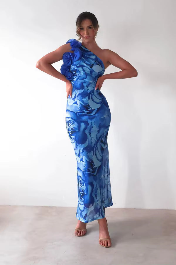 Elegant One-Shoulder Camisole Slant Shoulder Ankle-Length Maxi Dress