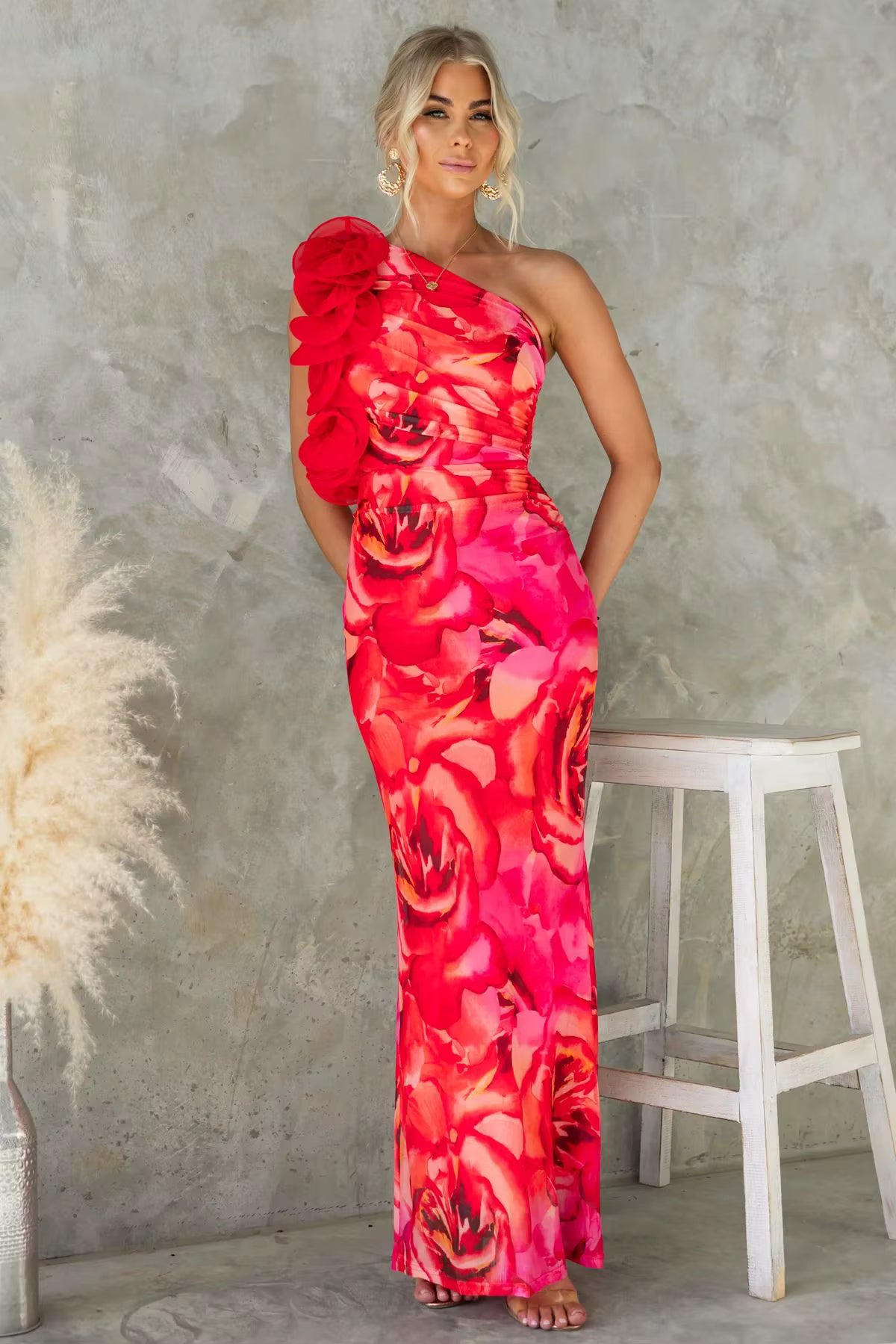 Elegant One-Shoulder Camisole Slant Shoulder Ankle-Length Maxi Dress